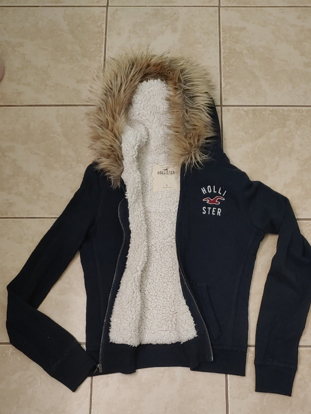 Vintage Y2K Hollister Fur Hood Sherpa Jacket Women's Navy Blue Full Zip Size S